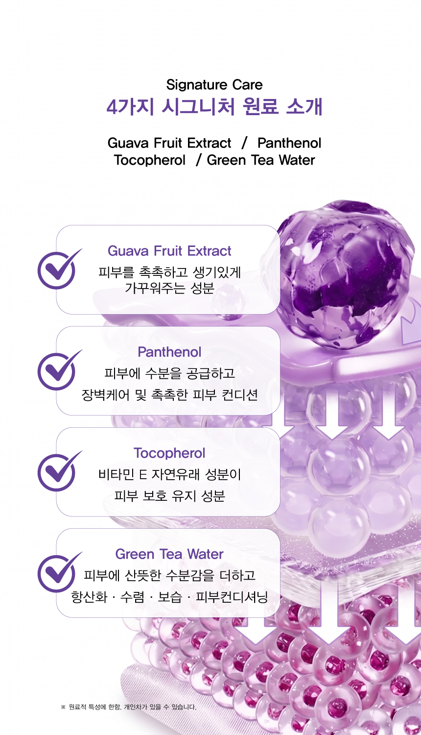토코페롤, 판테놀, 구아바 추출물, 녹차수의 네 가지 시그니처 원료 소개